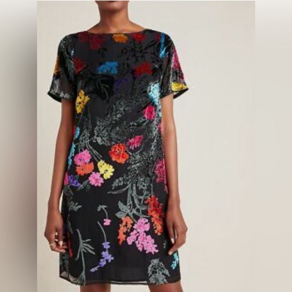MAEVE Velvet Burnout Floral Shift Dress Size 6 EUC Anthropologie Dark Romantic